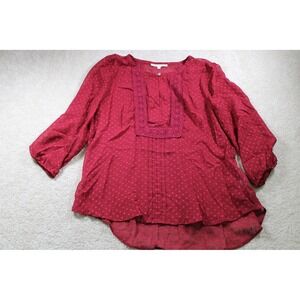 Daniel‎ Rainn Women's Burgundy Red Swiss Dot Blouse Crochet Detail Size L Sheer